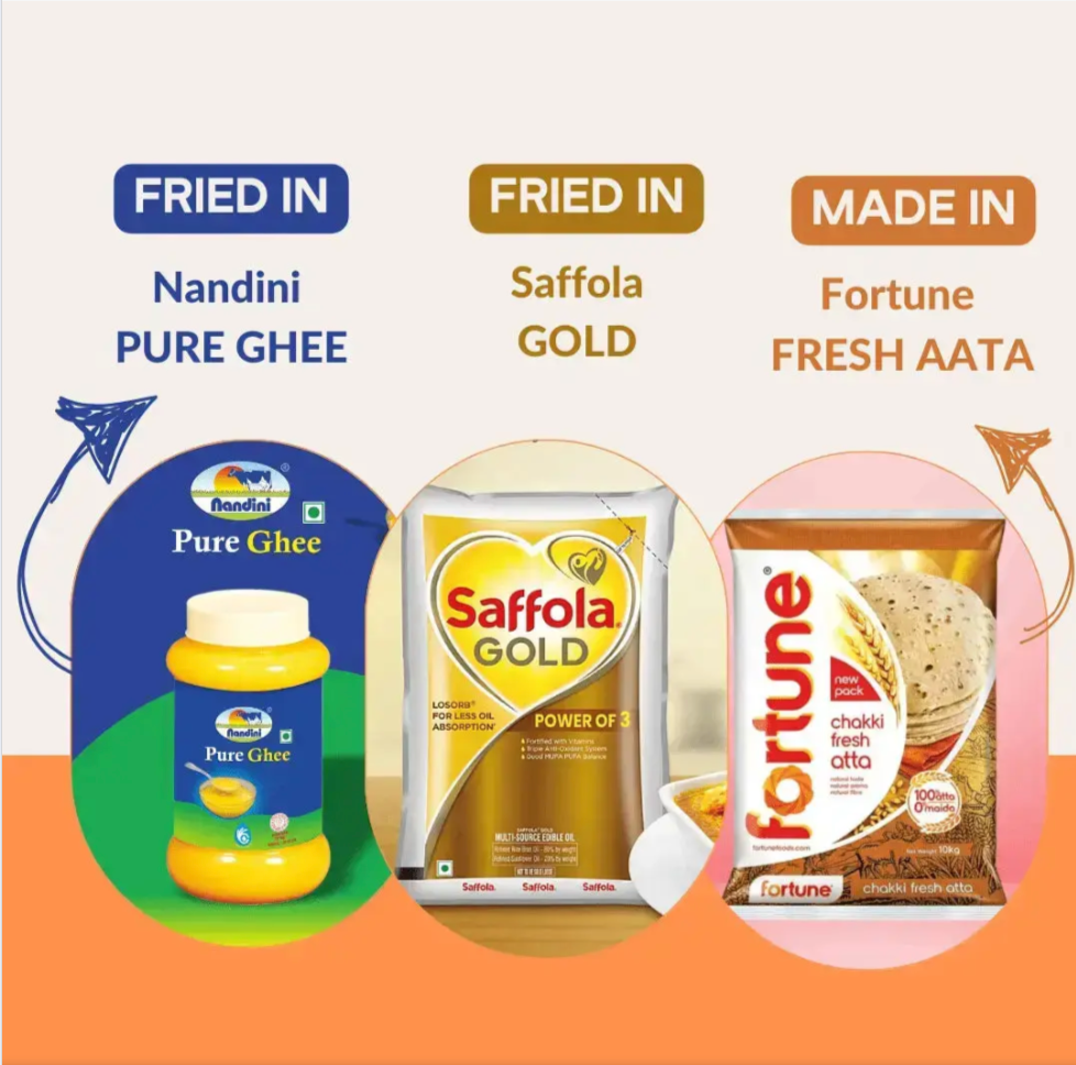 Homemade Indian snacks fried in Mother Dairy pure ghee and Saffola Gold, made with MP Sarbati shuddh chakki aata