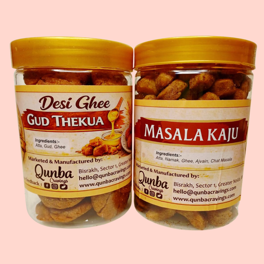 Two jars of 'Desi Ghee Gud Thekua' and 'Masala Kaju' with Qunba branding on a pink background.